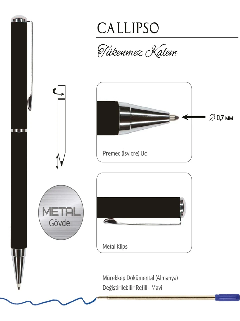 Victoria's Journals Callipso 0.7 mm Mavi Tükenmez Kalem