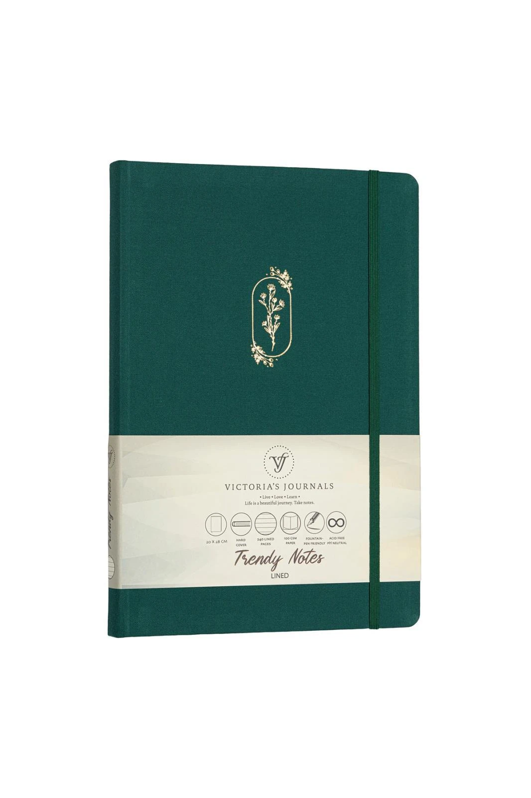 VJ Canvas Sert Kapak Ciltli Lastikli Defter 20x28 cm 120 yp.100 gr.Ivory Çizgili Yeşil