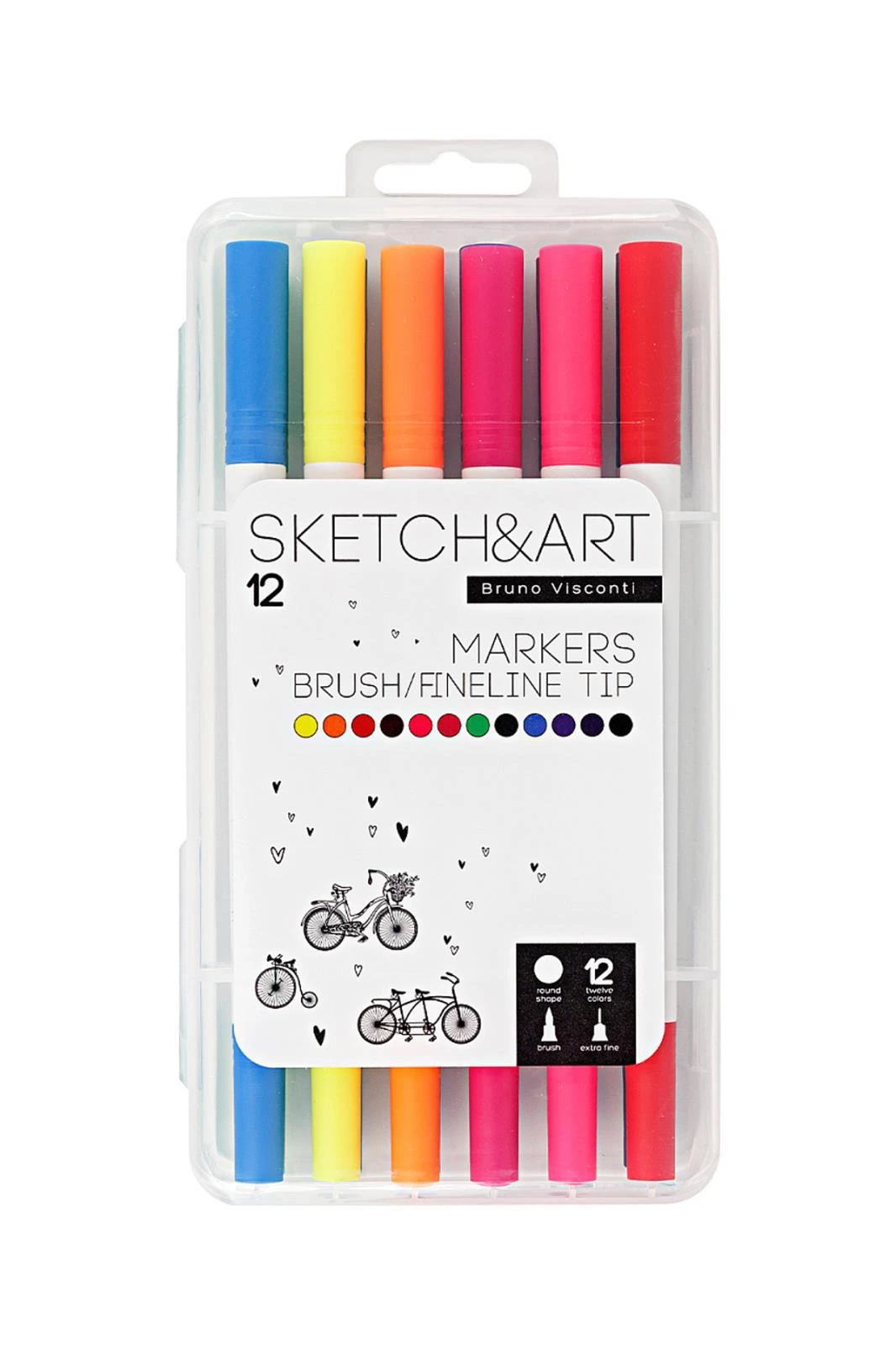22-0082 SKETCH&ART Brush Pen , Bir tarafı Fırça uç diğeri İnce uç. 12 renk. Plastik kutuda