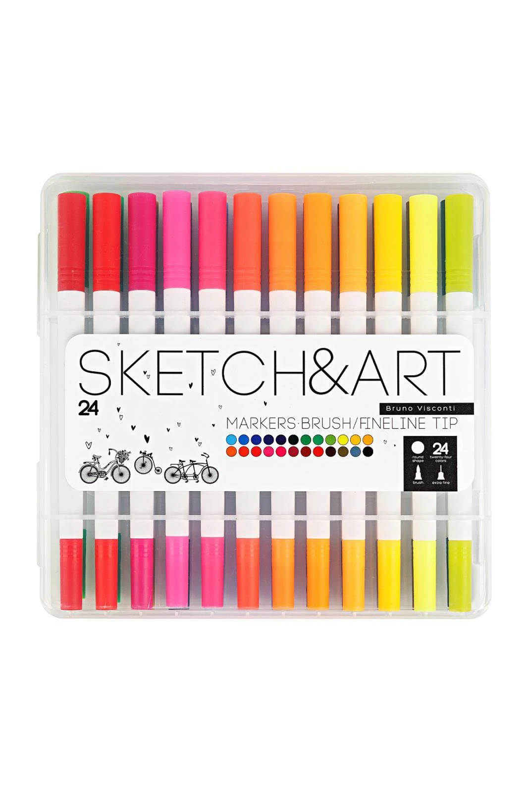 22-0083 SKETCH&ART Brush Pen , bir tarafı Fırça uç diğeri İnce uç. 24 renk. Plastik kutuda Hover