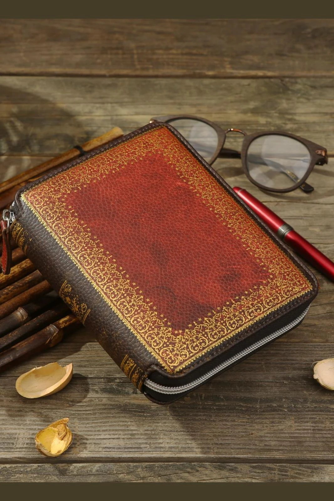 123-2165 Victoria's Journals Zipper Folder Organizer Defter A6 Çizgili Kahverengi