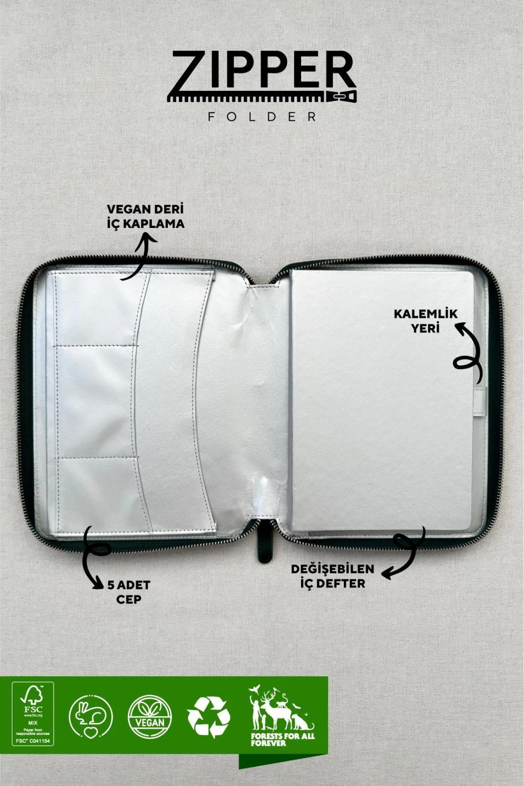 123-0280 Victoria's Journals Panama Zipper Folder Organizer-Defter 14.8x21 cm 100 gr. 80 yp.Çizgili  . Yeşil