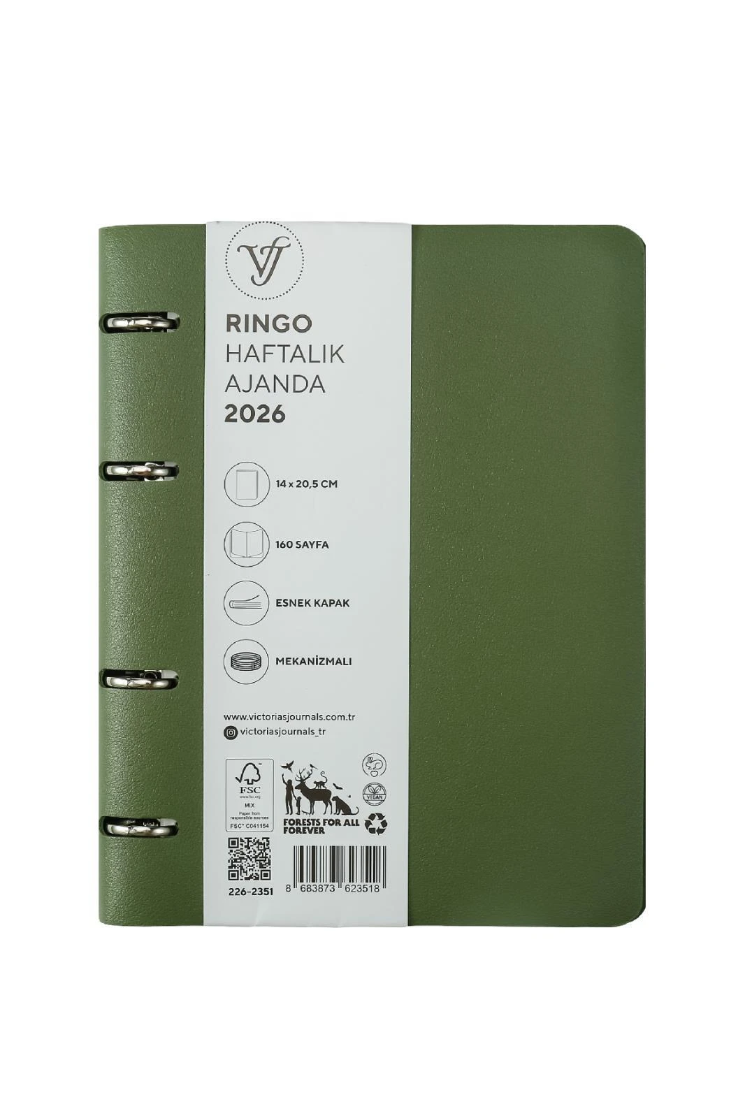 Victoria's Journals RinGo 2026 Haftalık Ajanda A5 (14x20,5 cm). Ivory  80 gr. 160 sayfa. Esnek Kapak.Mekanizmalı Değişebilen iç.Yeşil