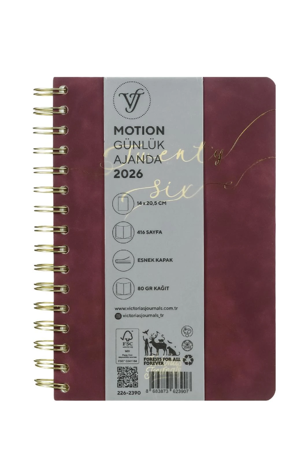 Victoria's Journals Motion 2026 Spiralli Vegan-Günlük Ajanda A5 (14x20,5cm)  Ivory  80 gsm 416 sayfa . Kehverengi