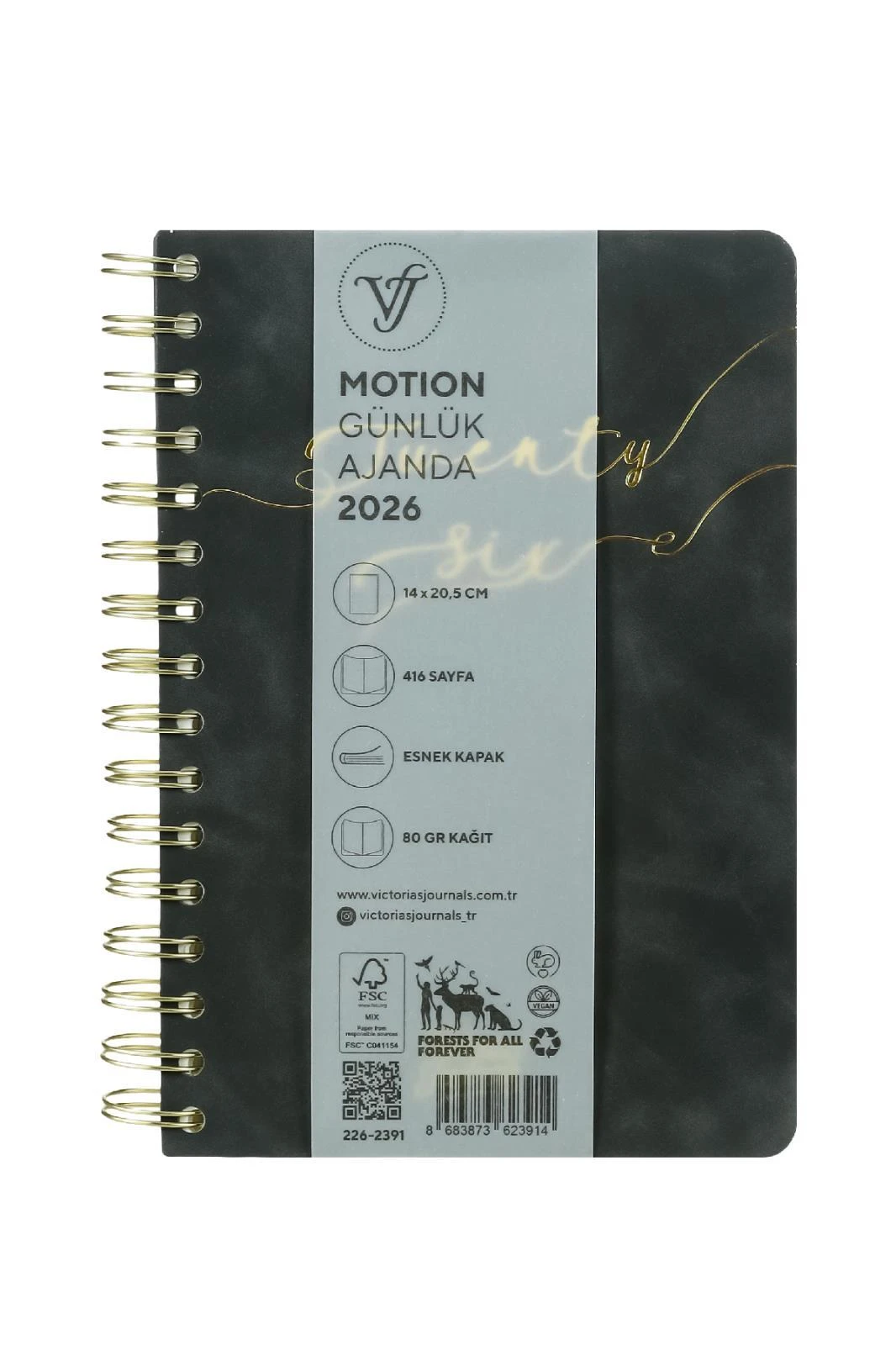 Victoria's Journals Motion 2026 Spiralli Vegan-Günlük Ajanda A5 (14x20,5cm)  Ivory  80 gsm 416 sayfa . Gri