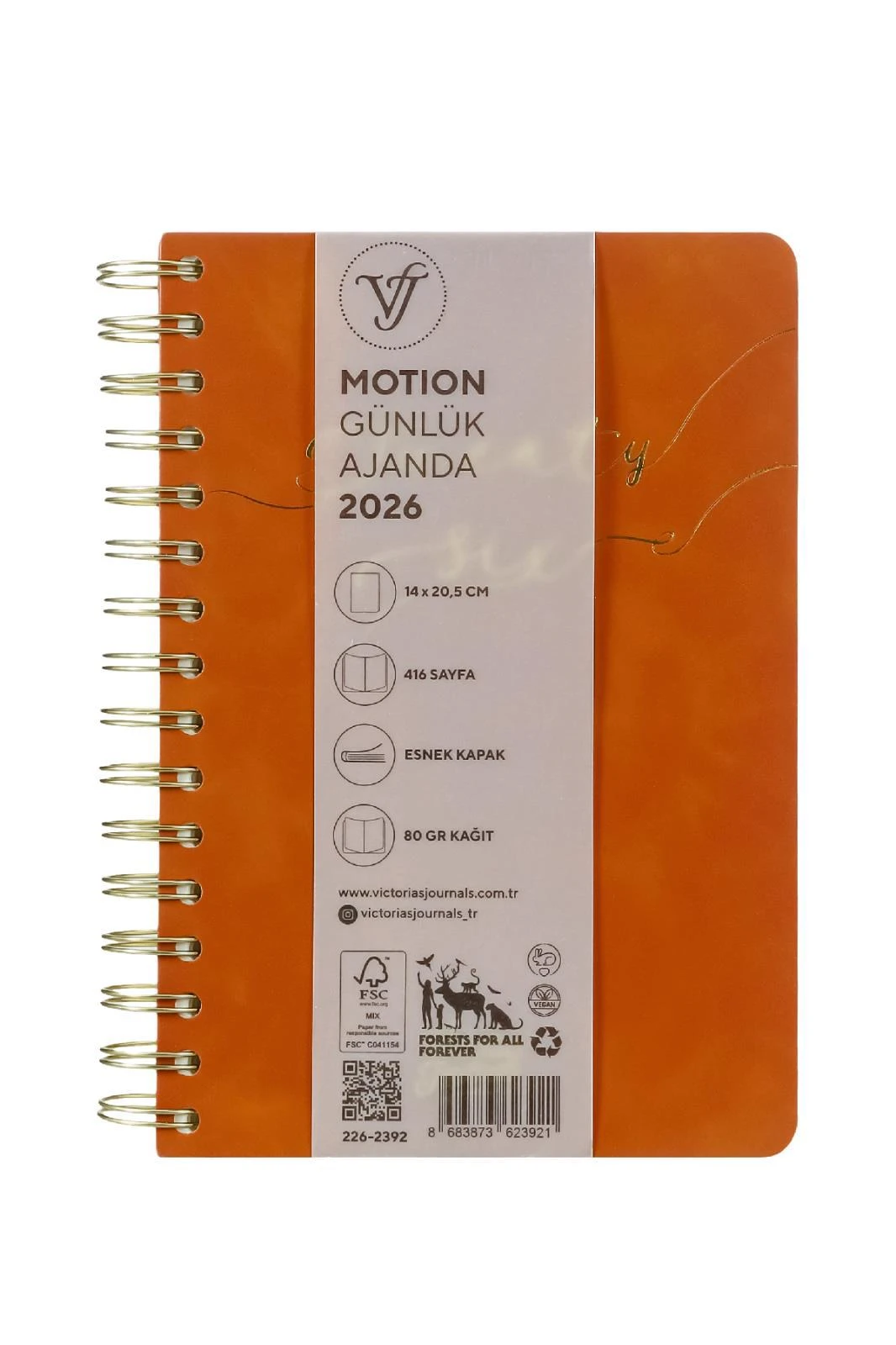 Victoria's Journals Motion 2026 Spiralli Vegan-Günlük Ajanda A5 (14x20,5cm)  Ivory  80 gsm 416 sayfa . Hardal