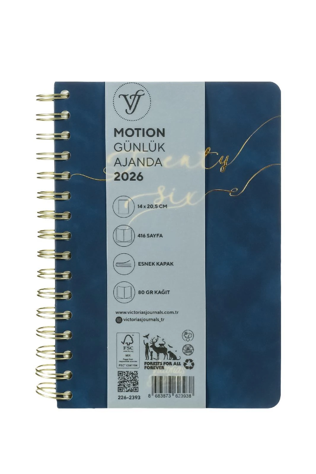 Victoria's Journals Motion 2026 Spiralli Vegan-Günlük Ajanda A5 (14x20,5cm)  Ivory  80 gsm 416 sayfa . Lacivert