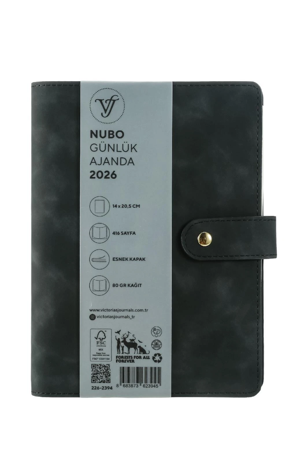 Victoria's Journals Nubo 2026 Günlük Ajanda A5 (14x20,5cm)  Ivory  80 gsm 416 sayfa . Değişebilen iç.Gri