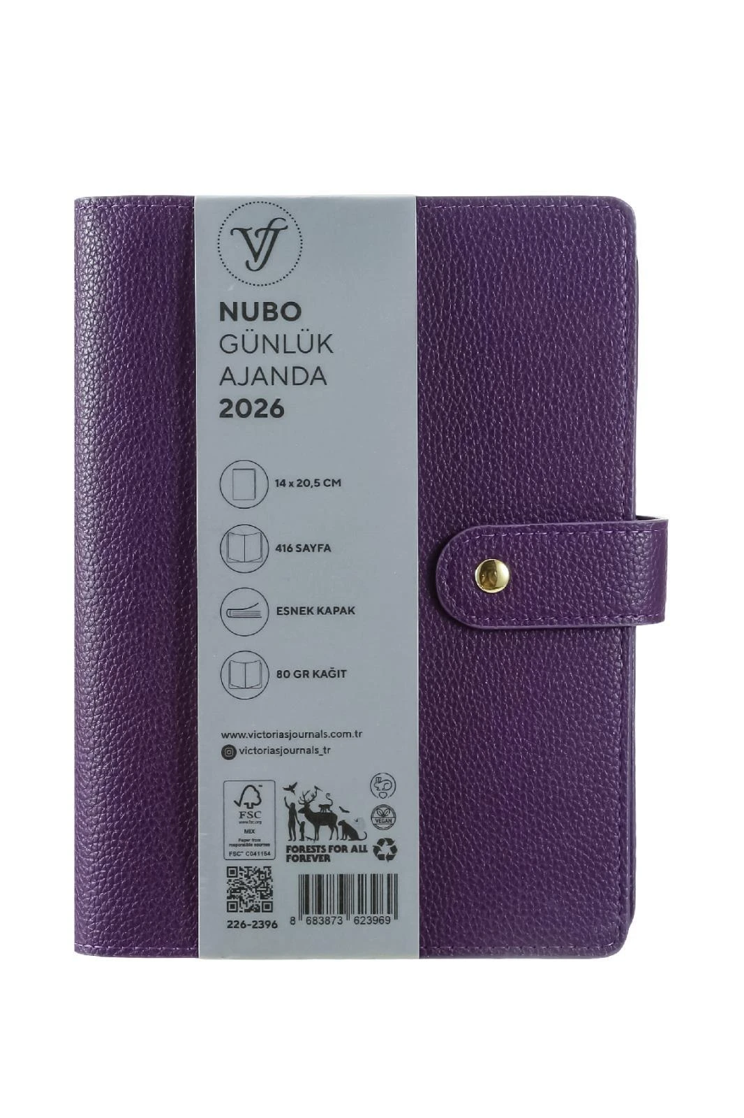 Victoria's Journals Nubo 2026 Günlük Ajanda A5 (14x20,5cm)  Ivory  80 gsm 416 sayfa . Değişebilen iç.Mor